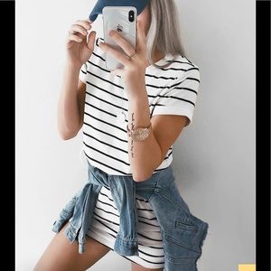 Lulus NEW Cafe Society Black & Cream Striped Tee Shirt Dress.